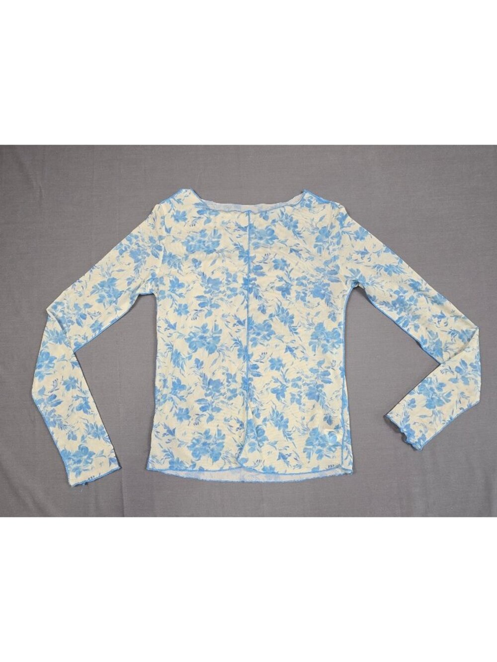 Dazy Blue Floral Sheer Mesh Long Sleeve Top Large Y2K Whimsigoth Fairy